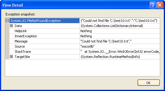 Details about the error thrown by VB NET