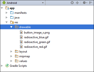 The res > drawable folder in Android Studio showing project images