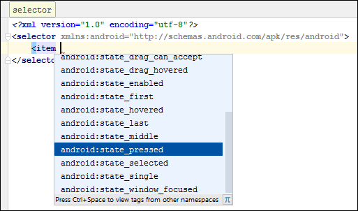 The AutoComplete menu in Android Studio