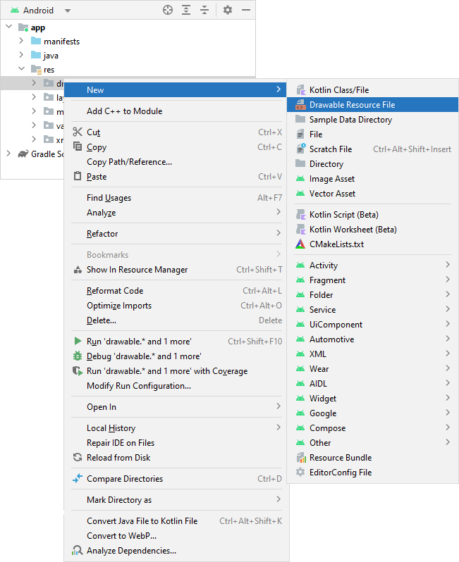 Android Studio menus showing  how to add an XML file to the project.