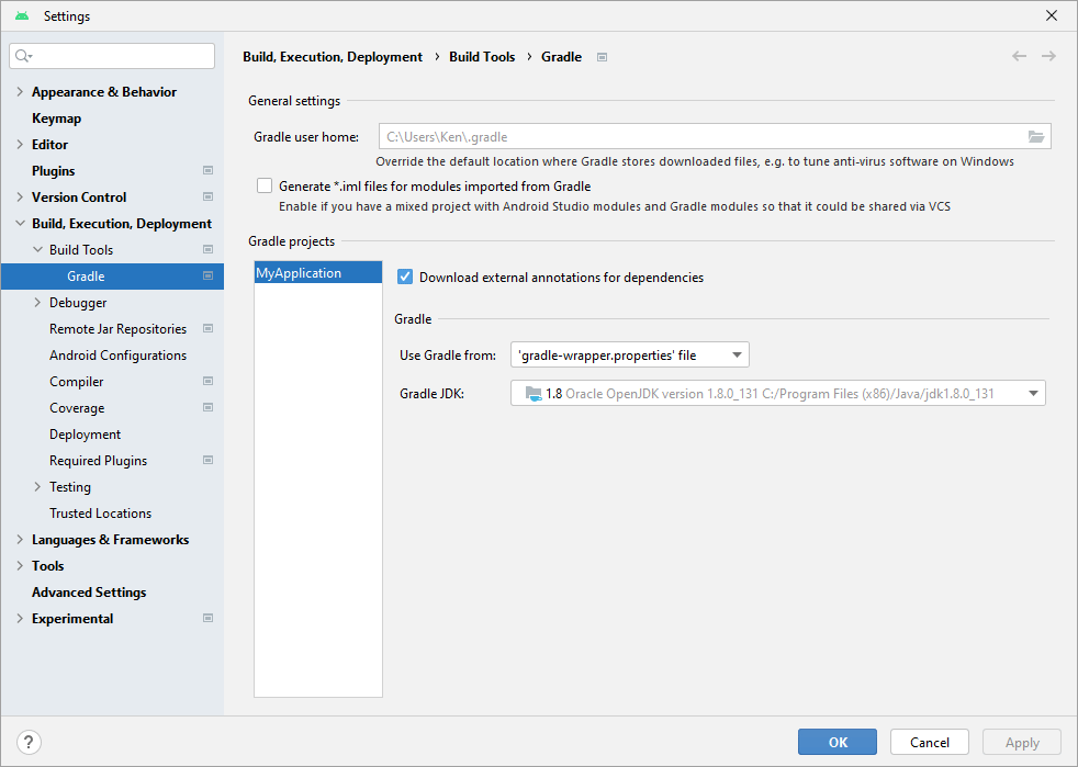 Android Studio Settings screen with the Build Toold > Gradle item expanded.