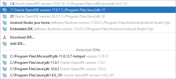 Selecting a Gradle SDK in Android Studio.
