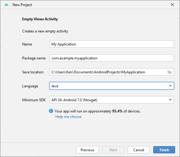 Android Studio New Project, Empty Views Activity screen
