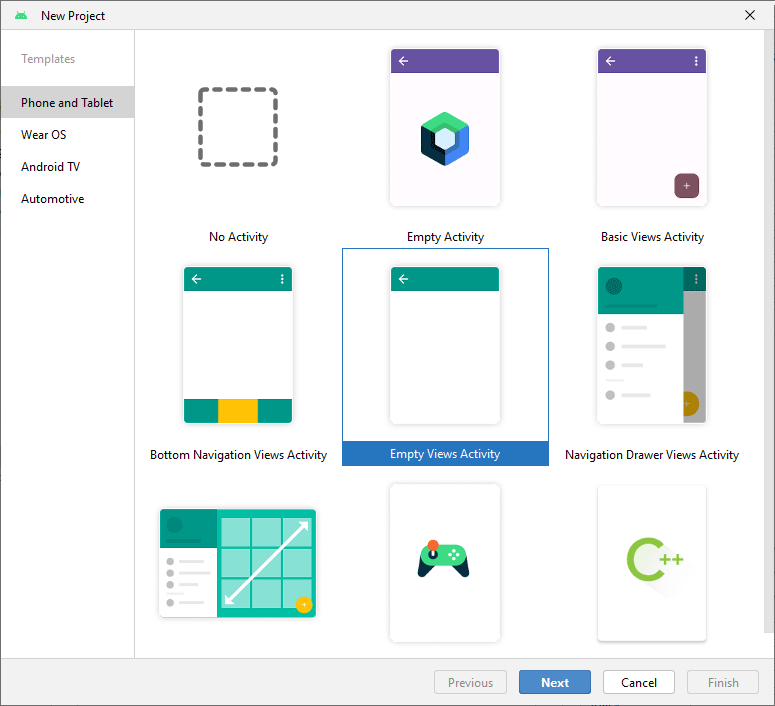 The New Project dialogue box