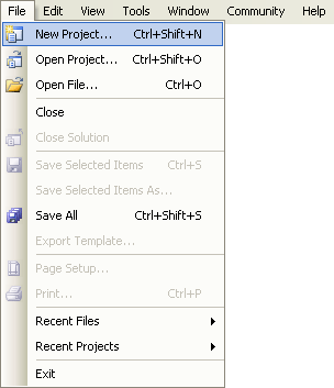 The File Menu in Visual C# .NET, Express Edition