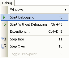 The Debug menu in Visual C# Express
