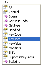 The IntelliSense list showing KeyEventArgs