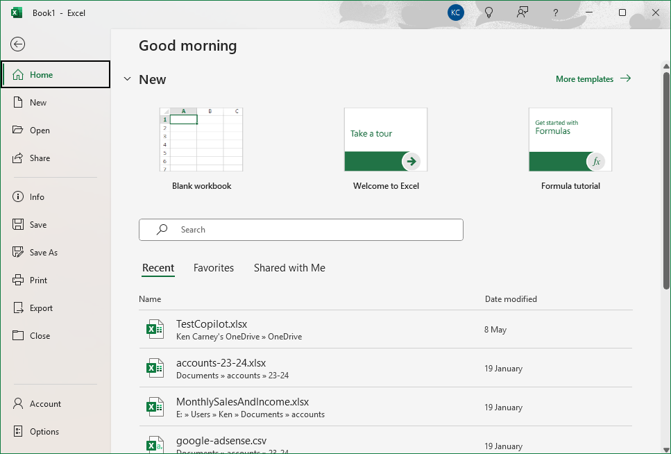 Excel 2025 Home screen