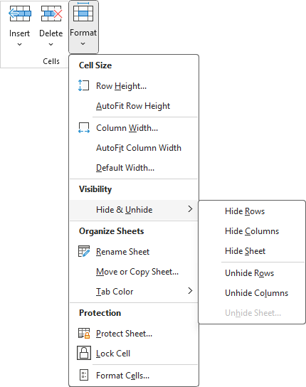 Excel Hide Columns and sheet rows menu