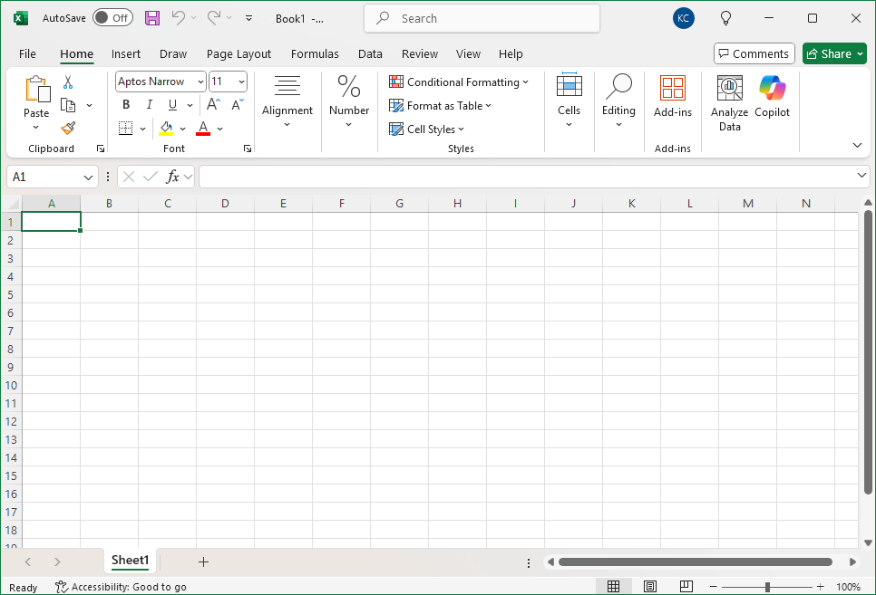 A new workbook in Microsoft Excel, version 2025