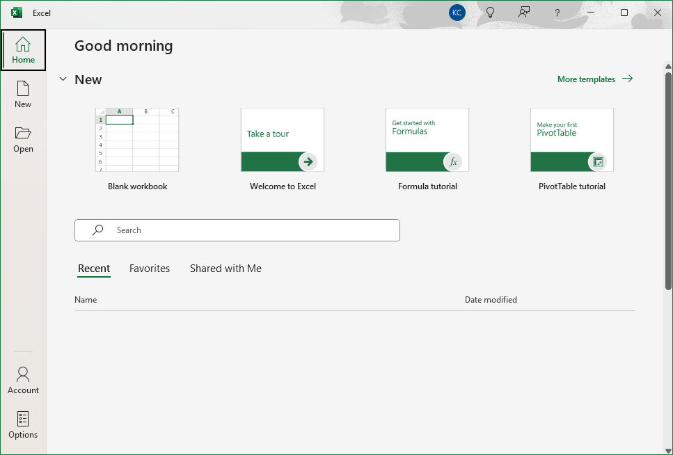 Opening screen in Microsoft Excel, 2025 version