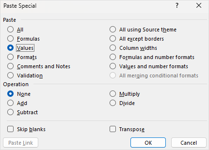 The Paste Special dialogue box