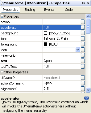 Properties for a menu item