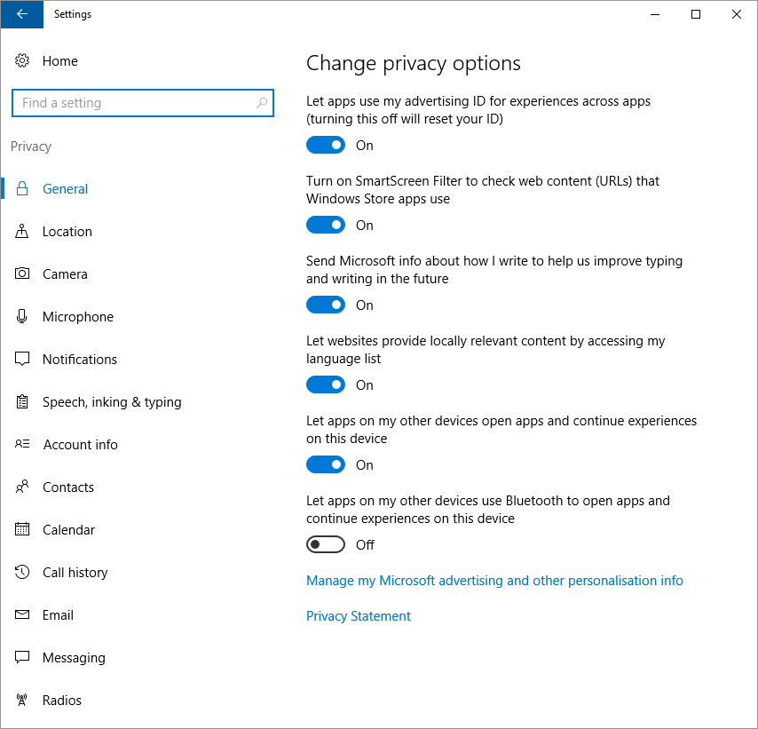Privacy Options screen in Windows 10