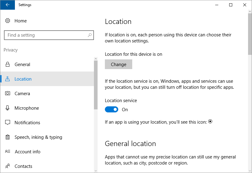 The Location settings in Windows 10