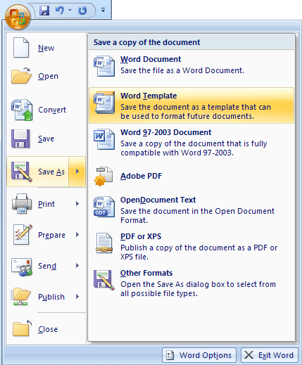 The Save As > Template menu in Word 2007