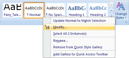 The Modify menu item on the Styles panel