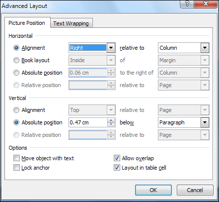 The Picture Position dialogue box