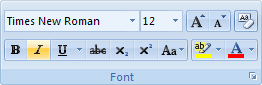 The Italics icon on the Font panel in Word 2007 and Word 2010