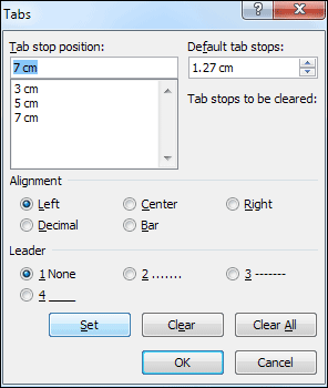 Some tab stop positions have been added