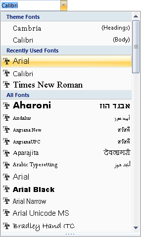 A list of Fonts in Microsoft Word