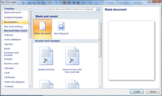 The New Document dialogue box in Word 2007