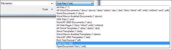 A list of files that can be inserted into a Word document