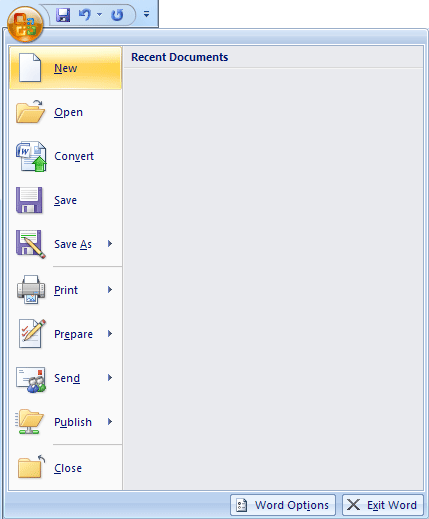 The New document menu in Word 2007
