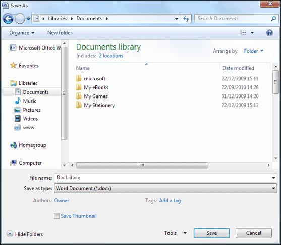 The Save As dialogue box in Windows 7