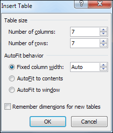 The Insert Table dialogue box