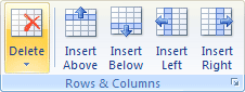 The Rows & Columns panel in Word 2007 and Word 2010