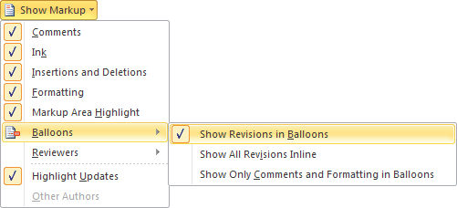 The menu to enable "Show Revisions in Balloons"