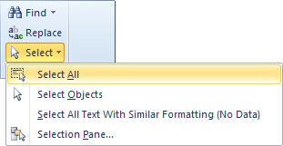 The Select item on the Editing panel, Word 2010