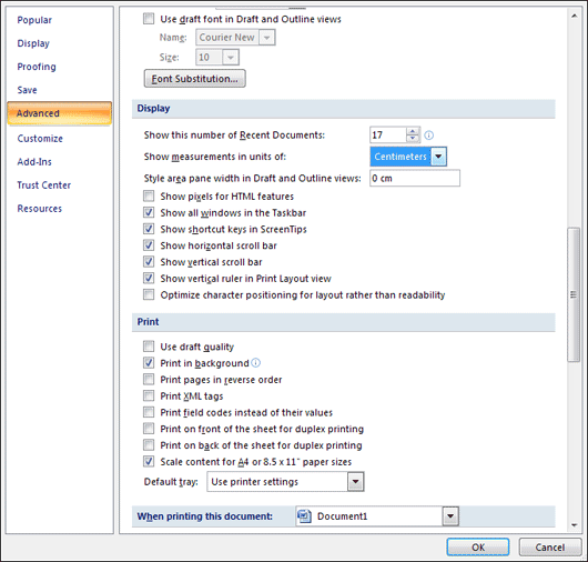 The Advanced tab on the Word Options dialogue box