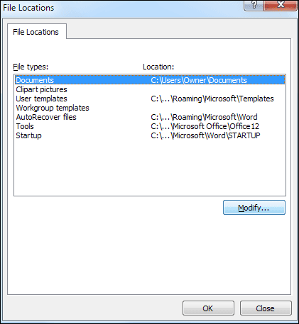 The File Locations dialogue box