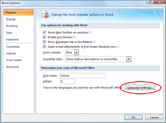 The Langugae Settings button in Word 2007
